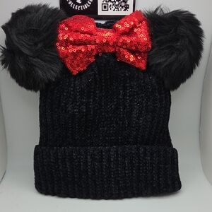 Black Knit Pom Beanie with Red Sequin Bow